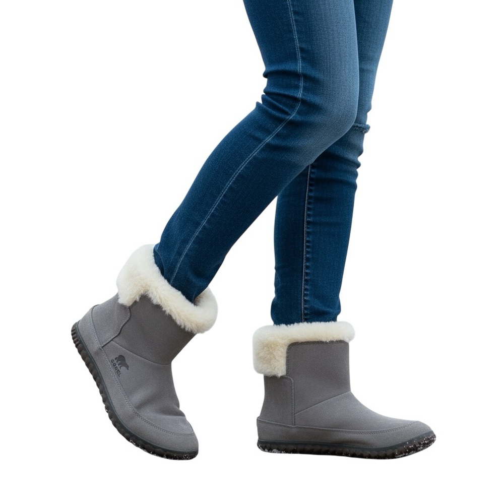 Sorel Gray Winter Fur-Lined Short Boots with Cream Cuff
